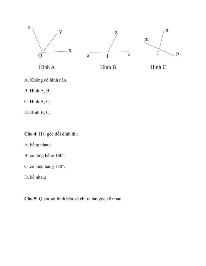Trắc nghiệm toán 7 cánh diều Chương 4 Bài 1: góc ở vị trí đặc biệt 