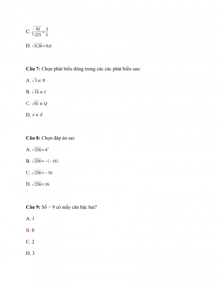 Trắc nghiệm toán 7 cánh diều Chương 2 Bài 1: số vô tỉ. Căn bậc hai số học 