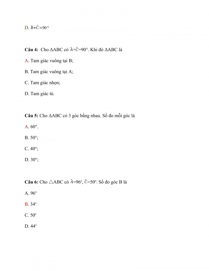 Trắc nghiệm toán 7 cánh diều Chương 7 Bài 1: Tổng Các Góc Trong Một Tam Giác