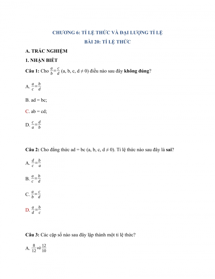 Trắc nghiệm toán 7 kết nối tri thức Bài 20: tỉ lệ thức 