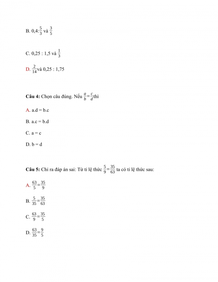 Trắc nghiệm toán 7 kết nối tri thức Bài 20: tỉ lệ thức 