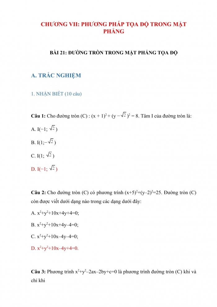 Trắc nghiệm toán 10 kết nối tri thức Bài 21: đường tròn trong mặt phẳng tọa độ