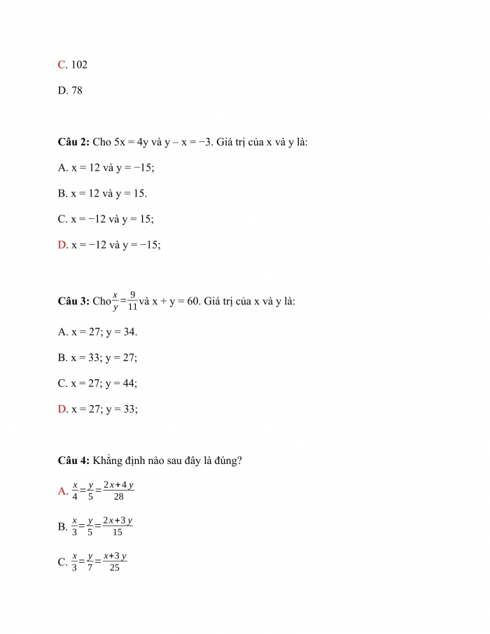 Trắc nghiệm toán 7 kết nối tri thức Bài 21: tính chất của dãy tỉ số bằng nhau