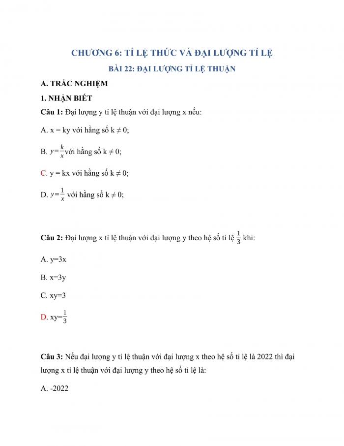 Trắc nghiệm toán 7 kết nối tri thức Bài 22: Đại Lượng Tỉ Lệ Thuận 