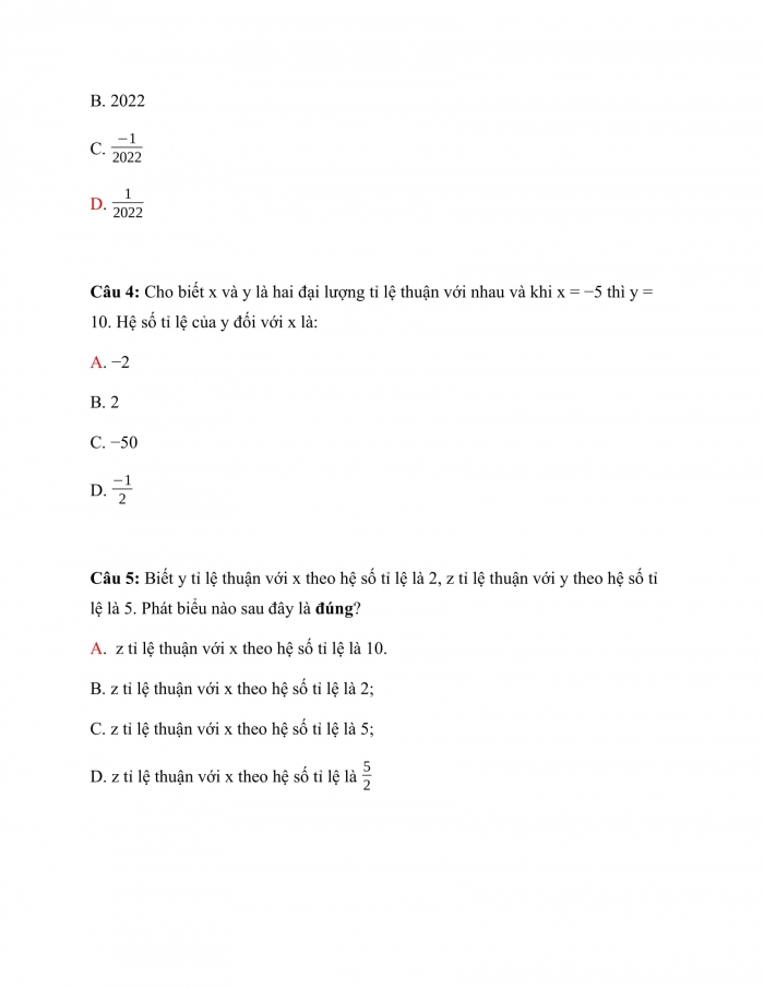 Trắc nghiệm toán 7 kết nối tri thức Bài 22: Đại Lượng Tỉ Lệ Thuận 