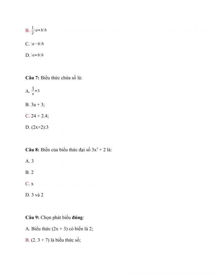 Trắc nghiệm toán 7 kết nối tri thức Bài 24: Biểu Thức Đại Số 