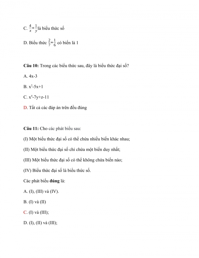 Trắc nghiệm toán 7 kết nối tri thức Bài 24: Biểu Thức Đại Số 