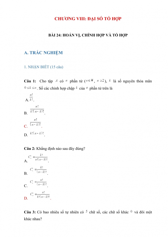 Trắc nghiệm toán 10 kết nối tri thức Bài 24: hoán vị, chỉnh hợp và tổ hợp