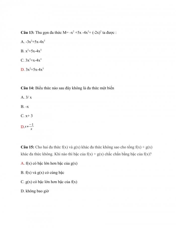 Trắc nghiệm toán 7 kết nối tri thức Bài 25: Đa Thức Một Biến 