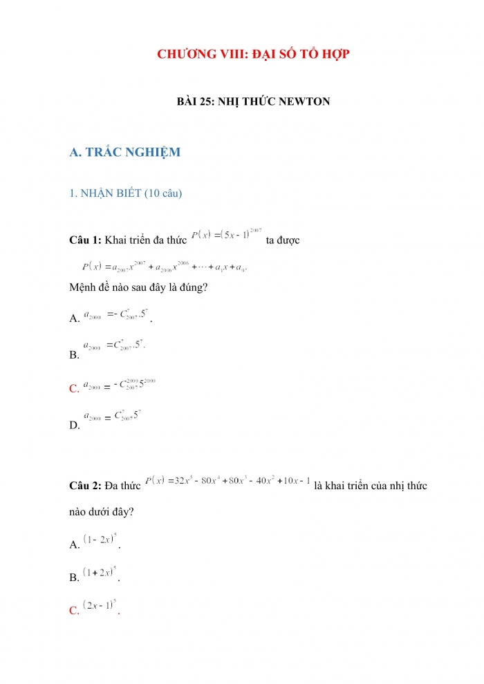 Trắc nghiệm toán 10 kết nối tri thức Bài 25: nhị thức newton