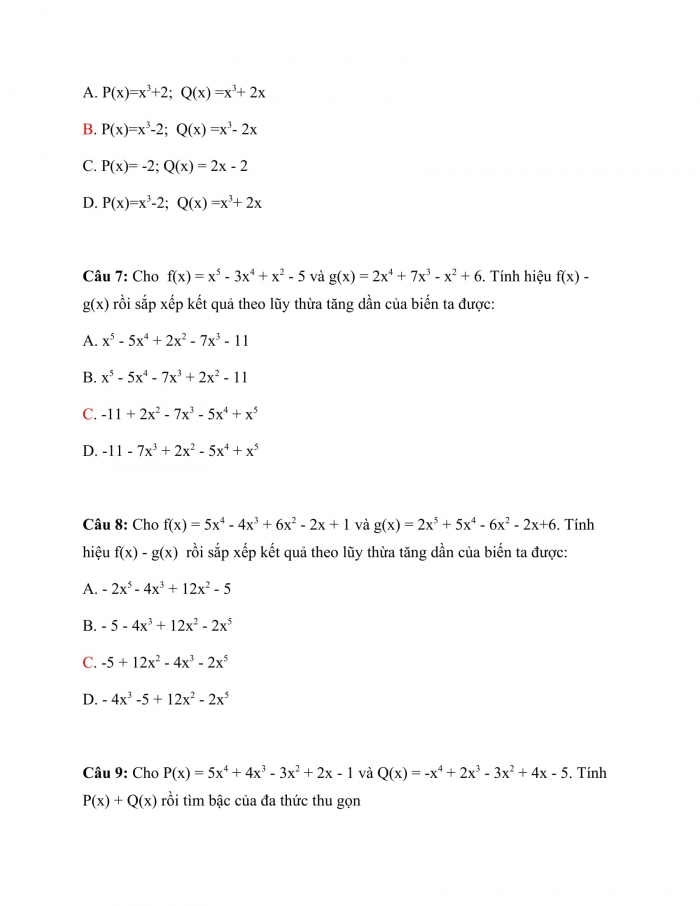Trắc nghiệm toán 7 kết nối tri thức Bài 26: Phép Cộng Và Phép Trừ Đa Thức Một Biến 