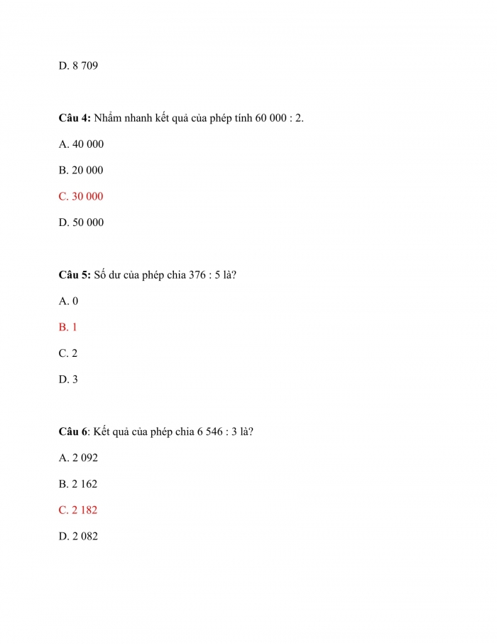 Trắc nghiệm Toán 3 Cánh diều (Tập 2) Bài 27: Chia số có một chữ số trong phạm vi 100 000 (tiếp theo)