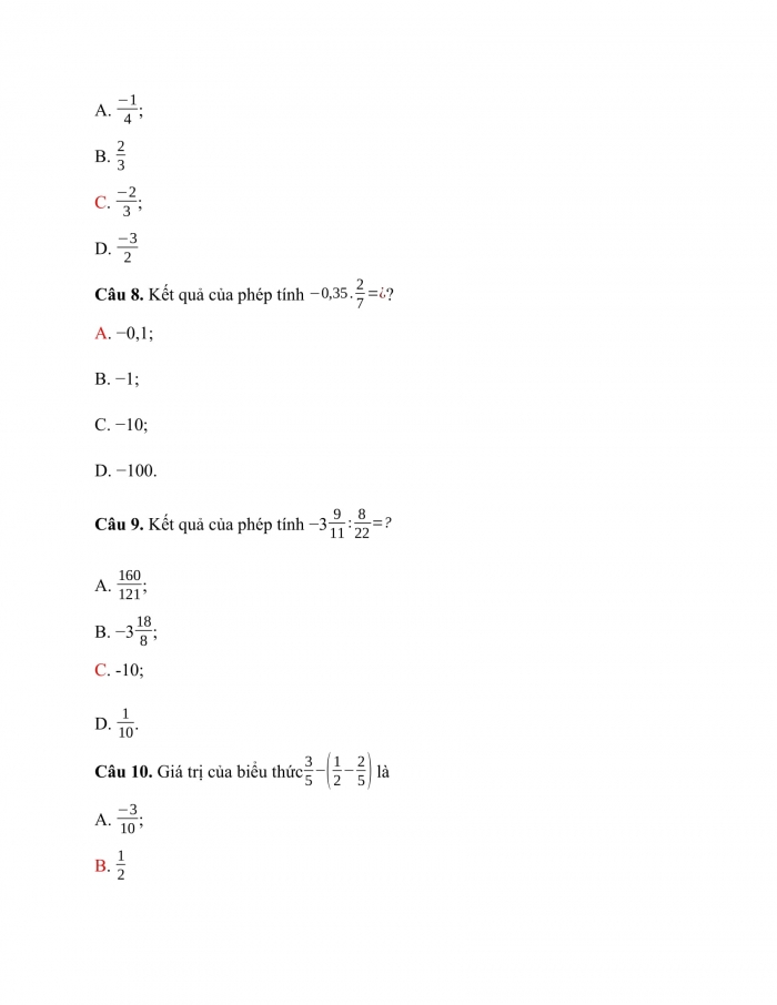 Trắc nghiệm toán 7 cánh diều Chương 1 Bài 2 : Cộng, trừ, nhân, chia số hữu tỉ