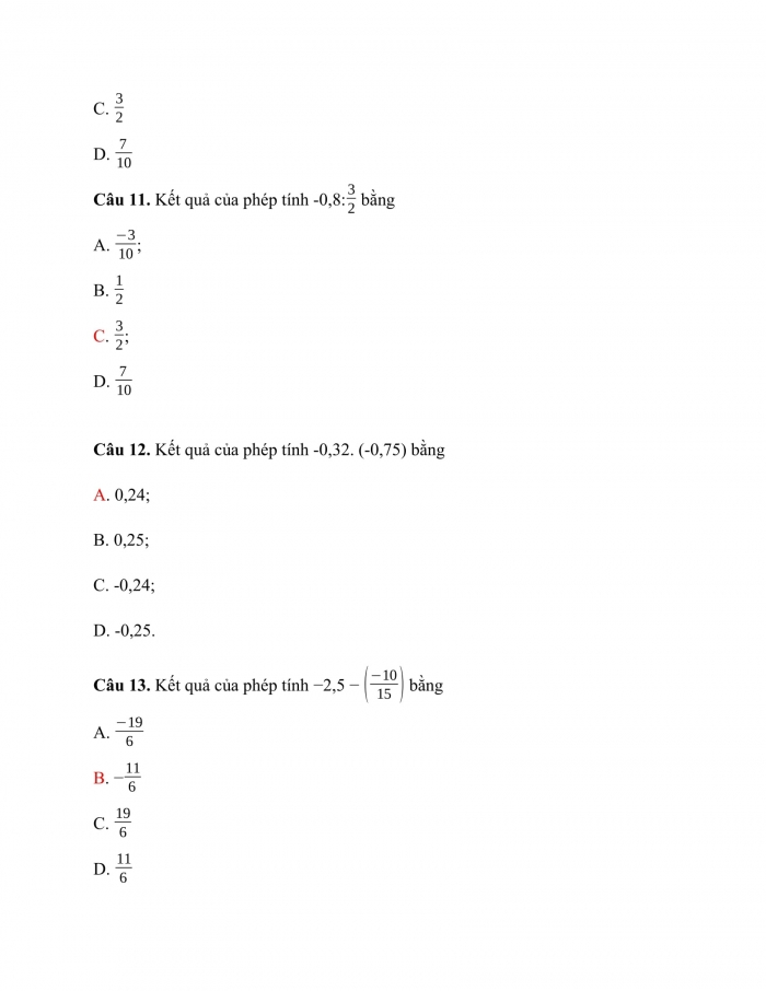 Trắc nghiệm toán 7 cánh diều Chương 1 Bài 2 : Cộng, trừ, nhân, chia số hữu tỉ