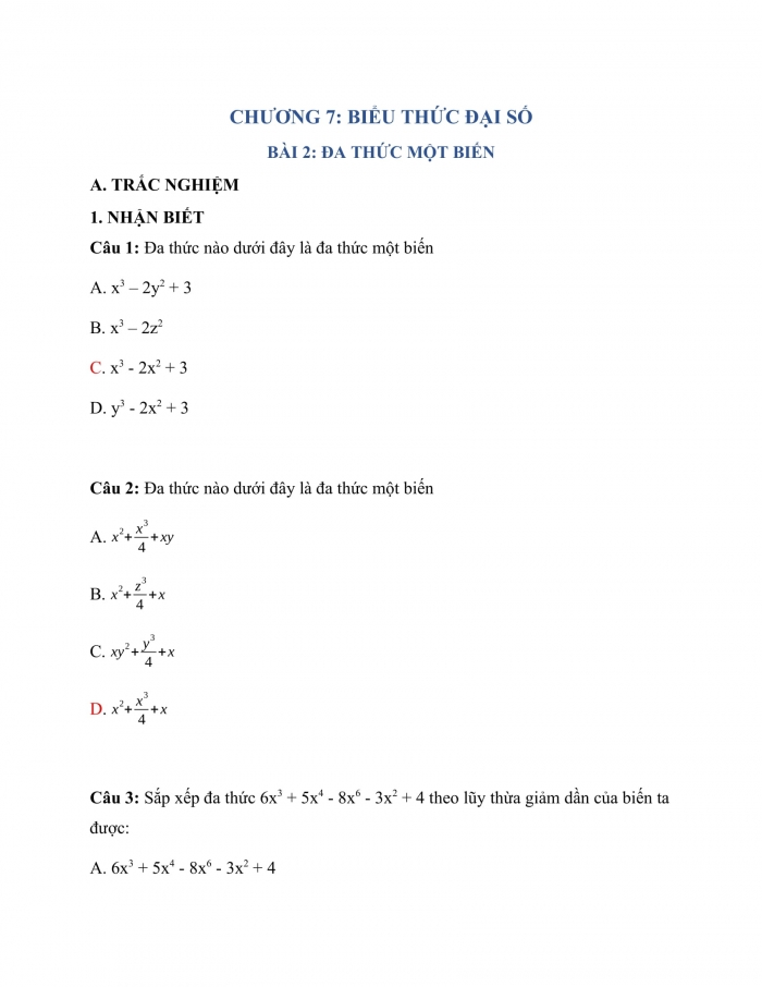 Trắc nghiệm toán 7 chân trời sáng tạo Chương 7 Bài 2: Đa Thức Một Biến 