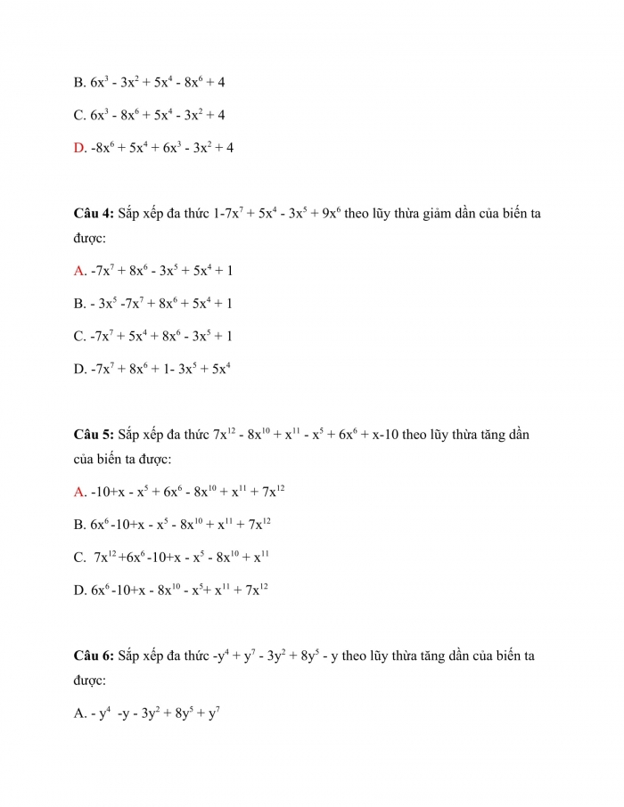 Trắc nghiệm toán 7 chân trời sáng tạo Chương 7 Bài 2: Đa Thức Một Biến 