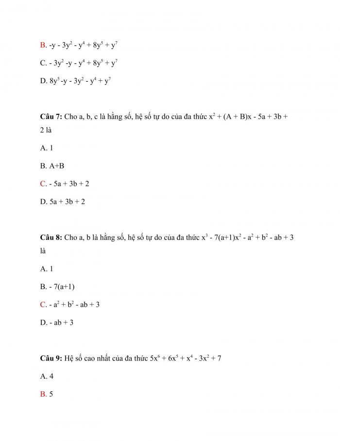 Trắc nghiệm toán 7 chân trời sáng tạo Chương 7 Bài 2: Đa Thức Một Biến 