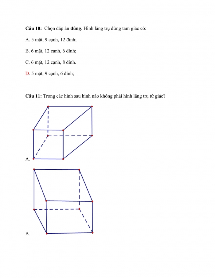 Trắc nghiệm toán 7 cánh diều Chương 3 Bài 2: hình lăng trụ đứng tam giác. Hình lăng trụ đứng tứ giác