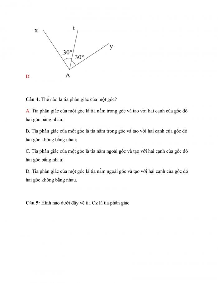 Trắc nghiệm toán 7 cánh diều Chương 4 Bài 2: tia phân giác của một góc