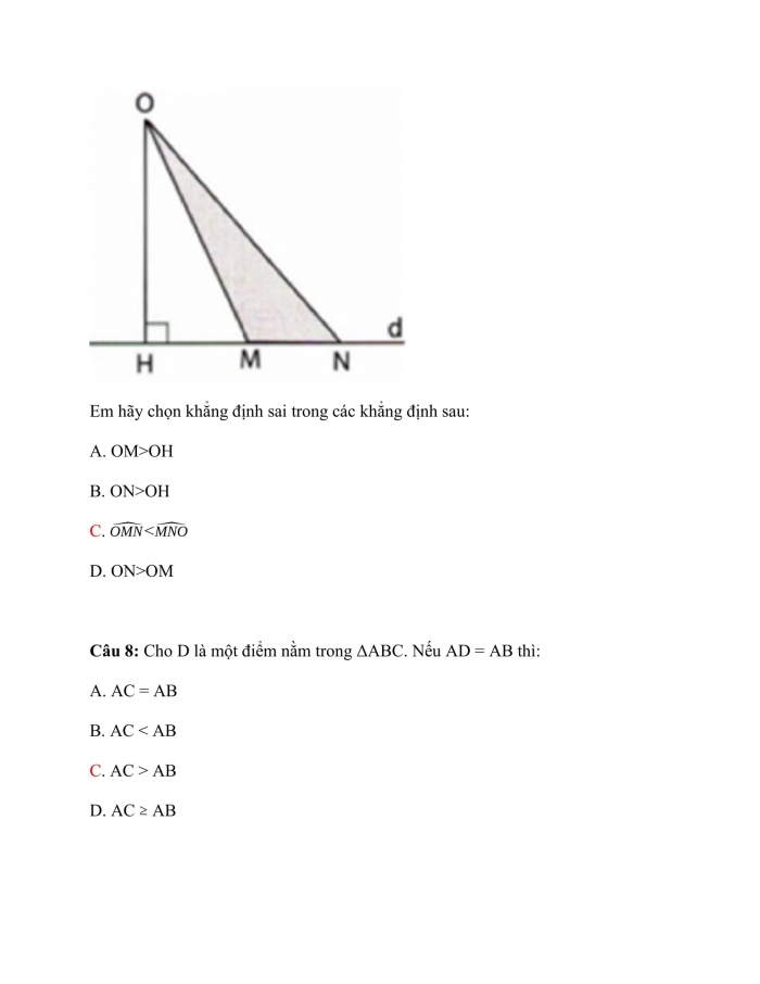 Trắc nghiệm toán 7 kết nối tri thức Bài 32: quan hệ giữa đường vuông góc và đường xiên