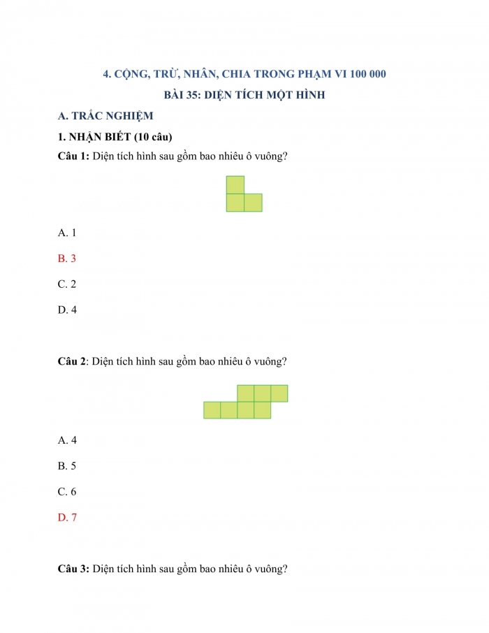Trắc nghiệm Toán 3 Cánh diều (Tập 2) Bài 35_Diện tích một hình