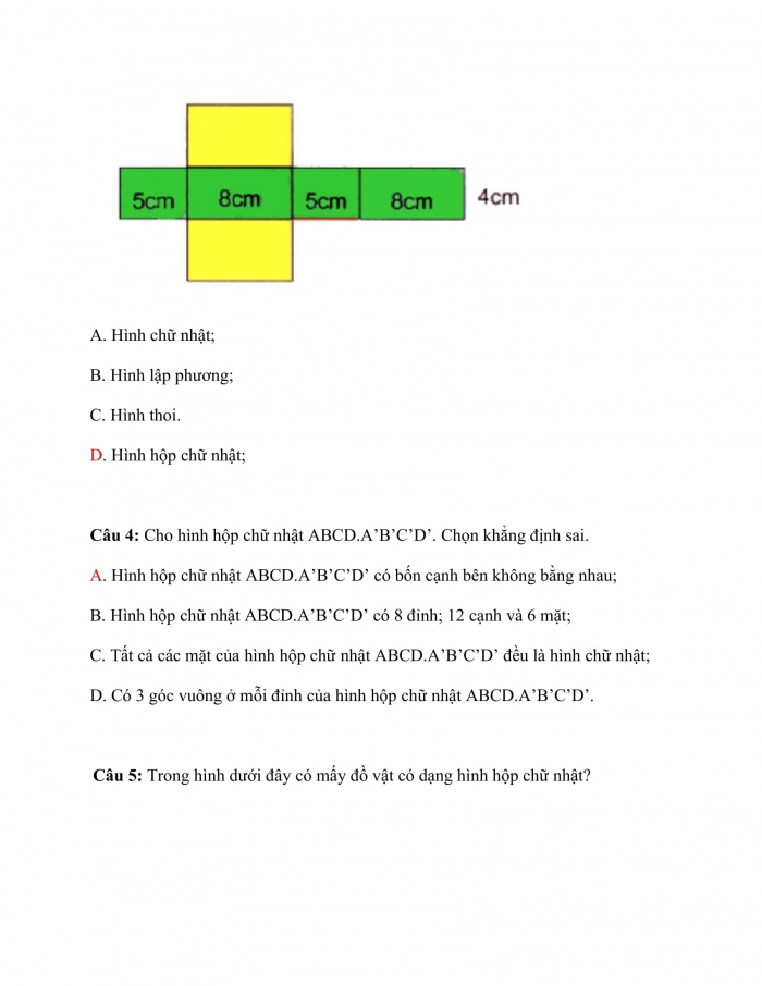 Trắc nghiệm toán 7 kết nối tri thức Bài 36: hình hộp chữ nhật và hình lập phương