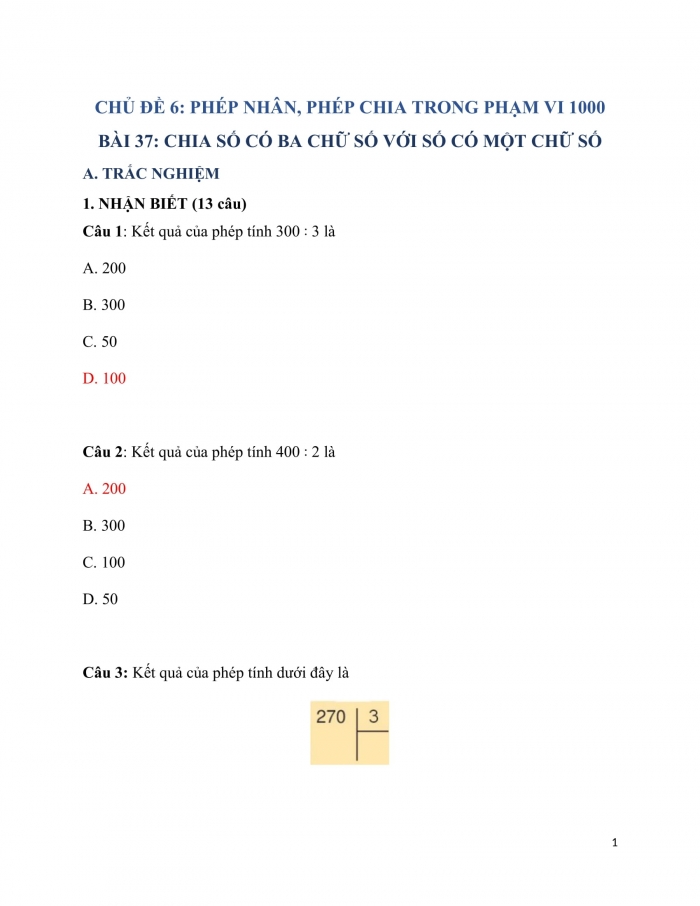 Trắc nghiệm Toán 3 Kết nối tri thức Bài 37: chia số có ba chữ số với số có một chữ số