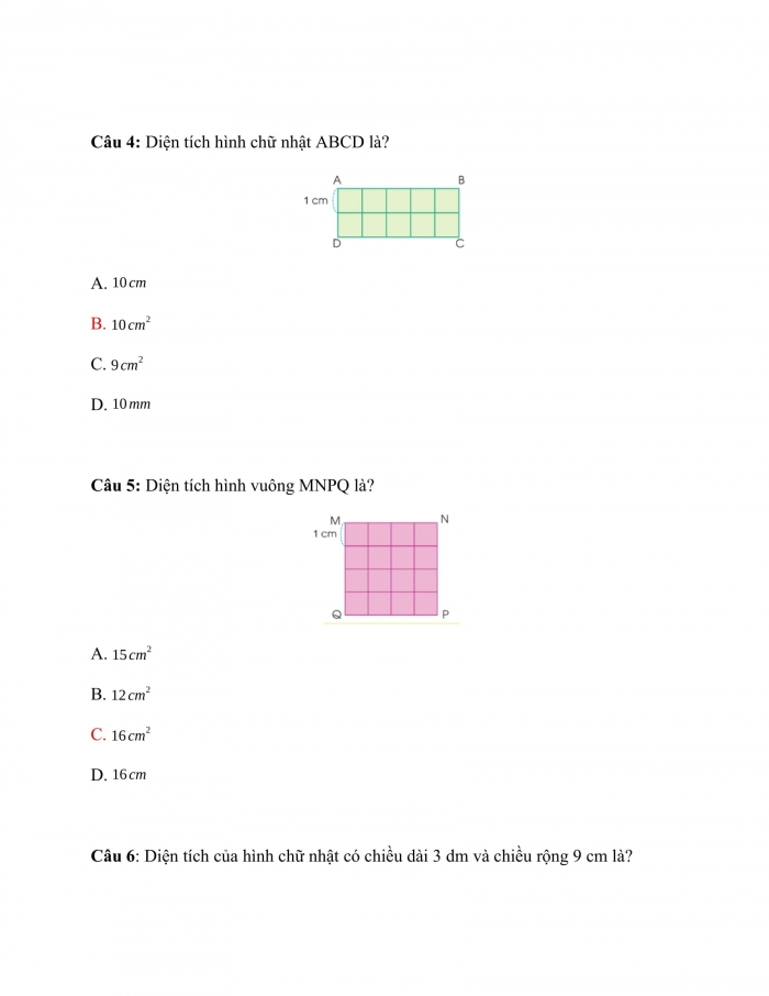Trắc nghiệm Toán 3 Cánh diều (Tập 2) Bài 37: Diện tích hình chữ nhật. Diện tích hình vuông