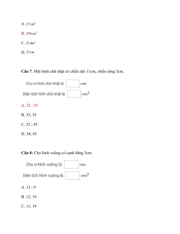 Trắc nghiệm Toán 3 Cánh diều (Tập 2) Bài 37: Diện tích hình chữ nhật. Diện tích hình vuông