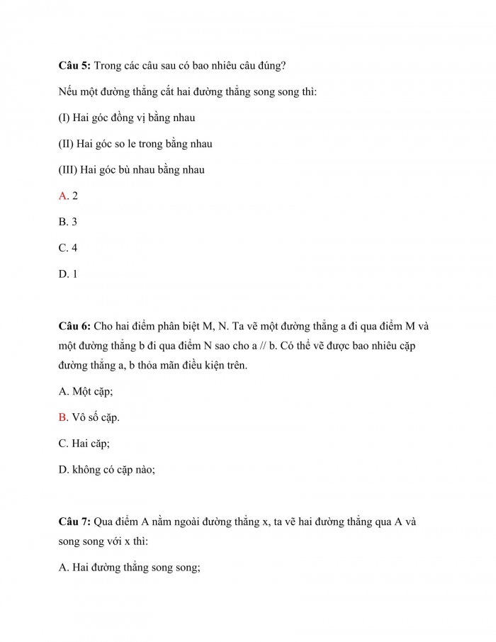 Trắc nghiệm toán 7 cánh diều Chương 4 Bài 3: hai đường thẳng song song 