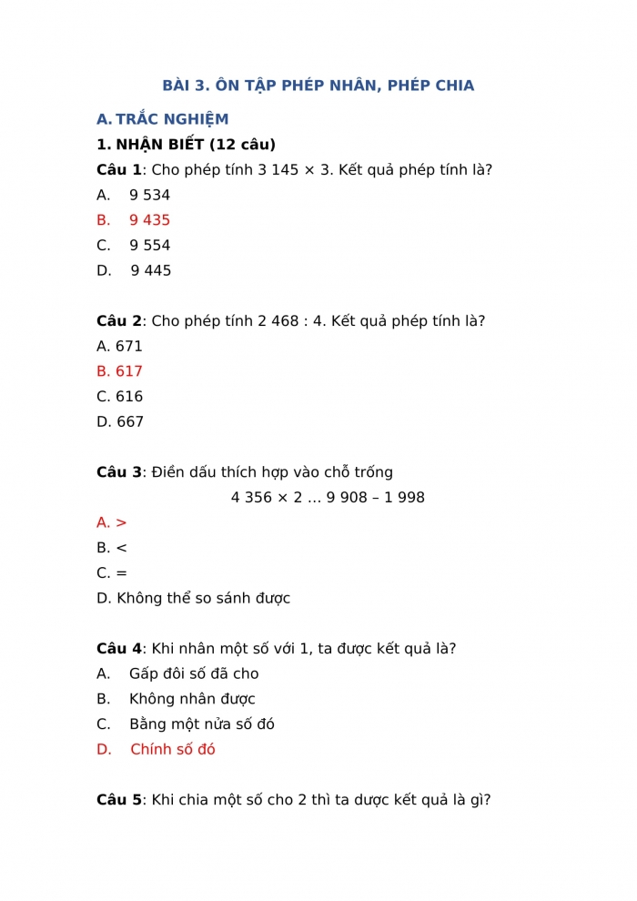 Trắc nghiệm toán 4 chân trời sáng tạo