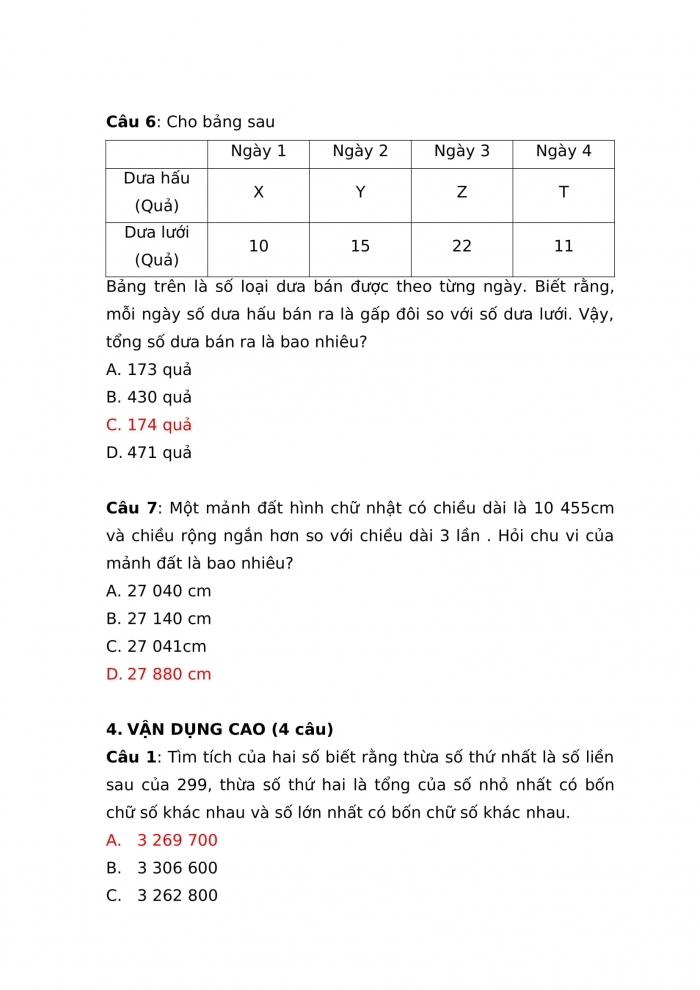 Trắc nghiệm toán 4 chân trời sáng tạo