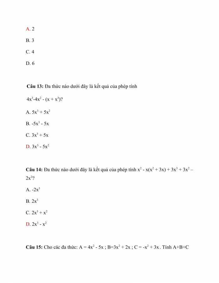 Trắc nghiệm toán 7 cánh diều Chương 6 Bài 3: Phép Cộng, Phép Trừ Đa Thức Một Biến 