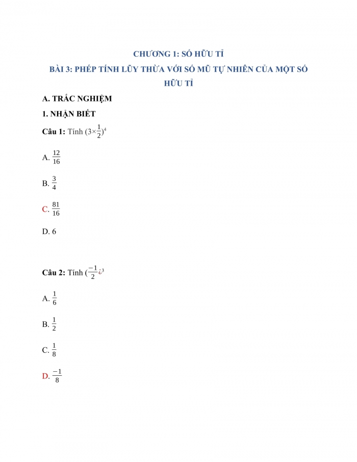 Trắc nghiệm toán 7 cánh diều Chương 1 Bài 3: phép tính lũy thừa với số mũ tự nhiên của một số hữu tỉ 