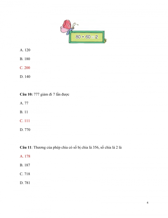 Trắc nghiệm Toán 3 Kết nối tri thức Bài 40: luyện tập chung