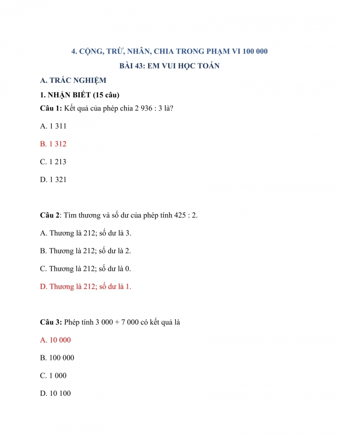 Trắc nghiệm Toán 3 Cánh diều (Tập 2) Bài 43: em vui học toán