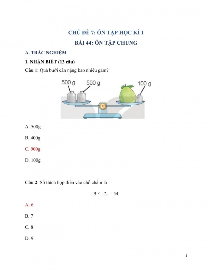 Trắc nghiệm Toán 3 Kết nối tri thức Bài 44: ôn tập chung