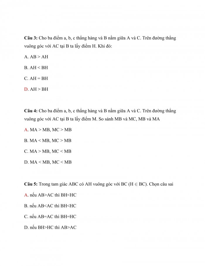 Trắc nghiệm toán 7 chân trời sáng tạo Chương 8 Bài 4: Đường Vuông Góc Và Đường Xiên