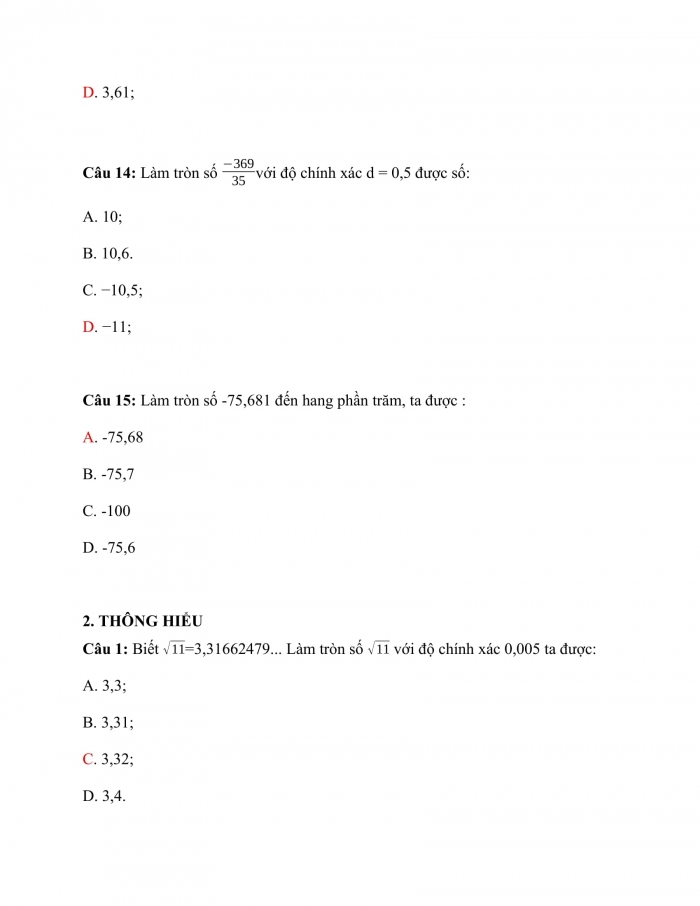 Trắc nghiệm toán 7 cánh diều Chương 2 Bài 4: làm tròn và ước lượng