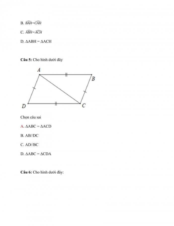 Trắc nghiệm toán 7 cánh diều Chương 7  Bài 4: Trường Hợp Bằng Nhau Thứ Nhất Của Tam Giác:  Cạnh - Cạnh - Cạnh 