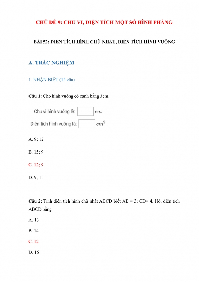 Trắc nghiệm Toán 3 Kết nối tri thức Bài 52: diện tích hình chữ nhật, diện tích hình vuông