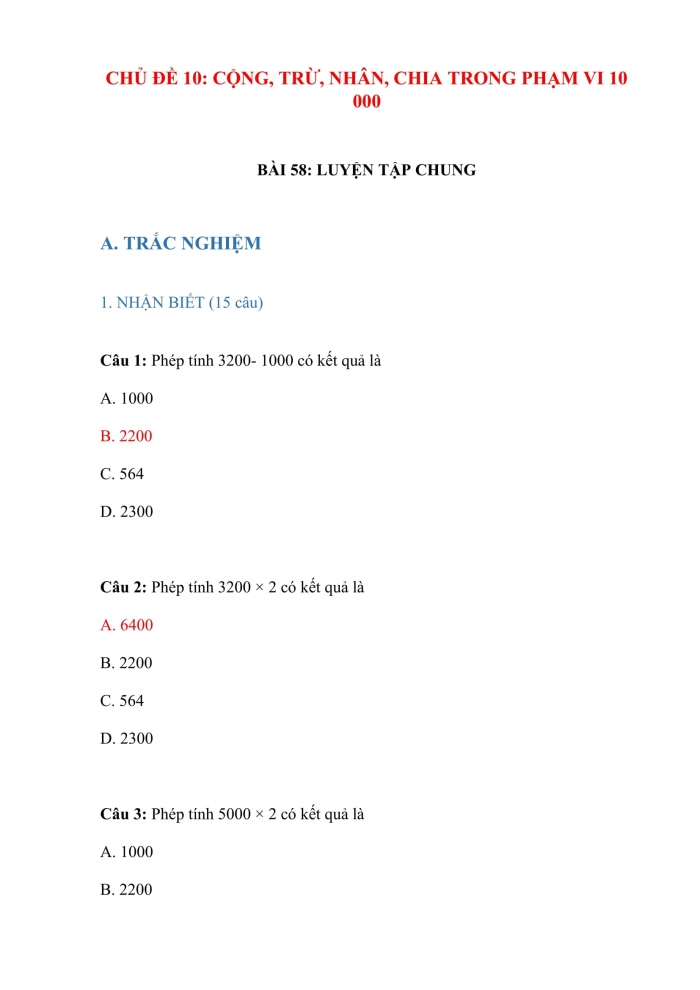 Trắc nghiệm Toán 3 Kết nối tri thức Bài 58: luyện tập chung