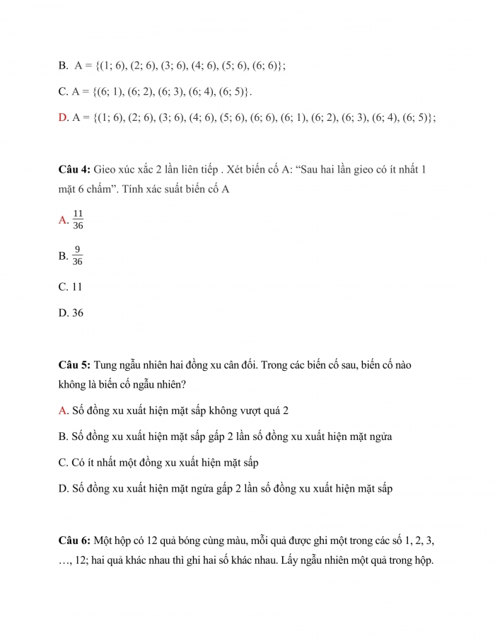 Trắc nghiệm toán 7 cánh diều Chương 5 Bài 5: Biến Cố Trong Một Số Trò Chơi Đơn Giản