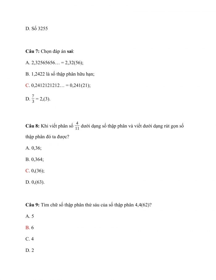 Trắc nghiệm toán 7 cánh diều Chương 1 Bài 5: biểu diễn thập phân của số hữu tỉ 