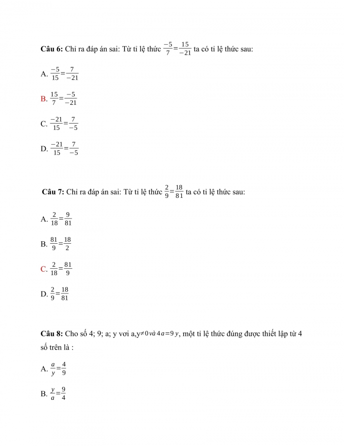 Trắc nghiệm toán 7 cánh diều Chương 2 Bài 5: tỉ lệ thức 