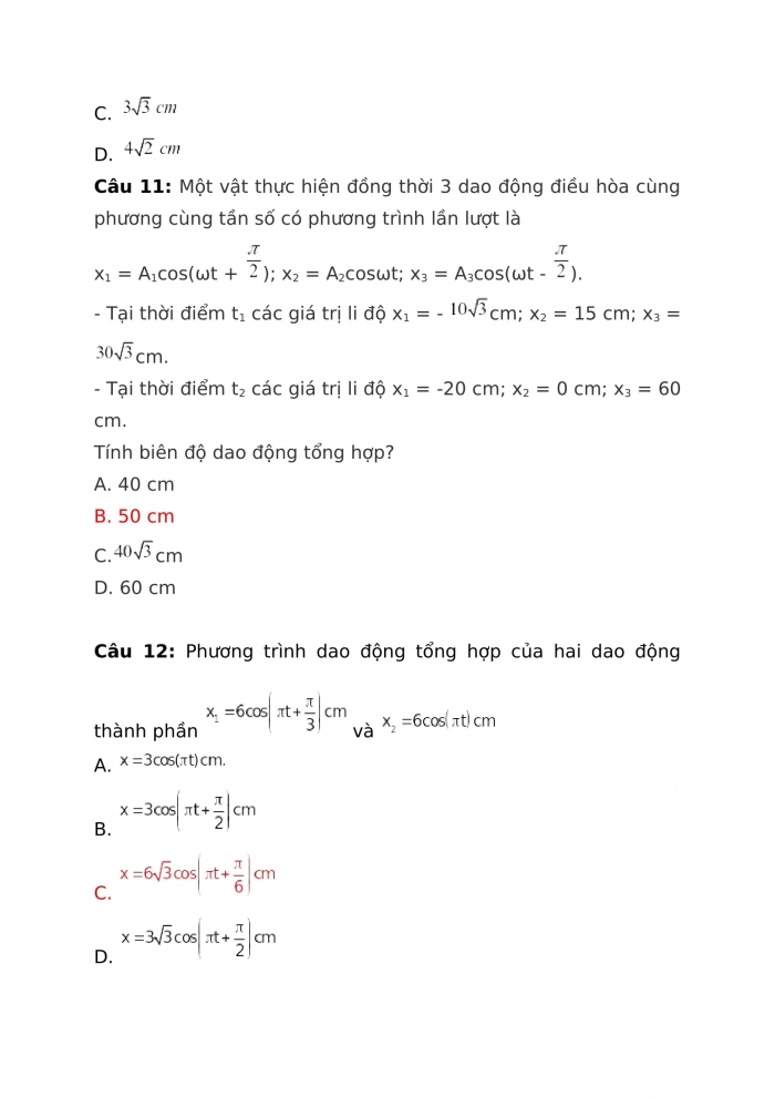 Trắc nghiệm vật lí 12 Bài 5: Tổng hợp dao động điều hòa cùng phương, cùng tần số. Phương pháp giản đồ fre-nen.
