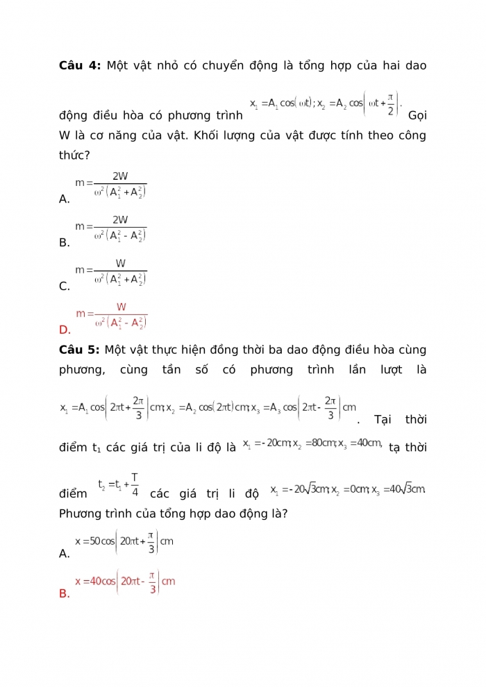 Trắc nghiệm vật lí 12 Bài 5: Tổng hợp dao động điều hòa cùng phương, cùng tần số. Phương pháp giản đồ fre-nen.