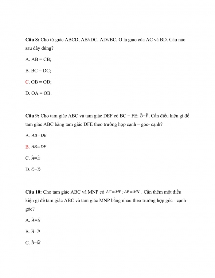 Trắc nghiệm toán 7 cánh diều Chương 7 Bài 5: Trường Hợp Bằng Nhau Thứ Hai Của Tam Giác Cạnh – Góc – Cạnh