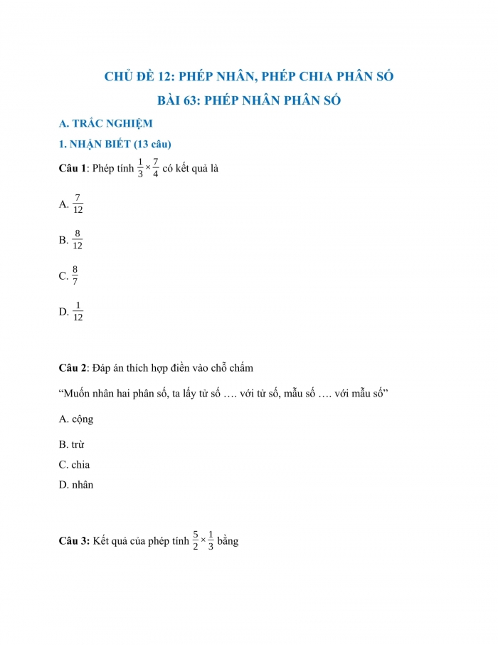 Trắc nghiệm Toán 4 KNTT bài 63: Phép nhân phân số