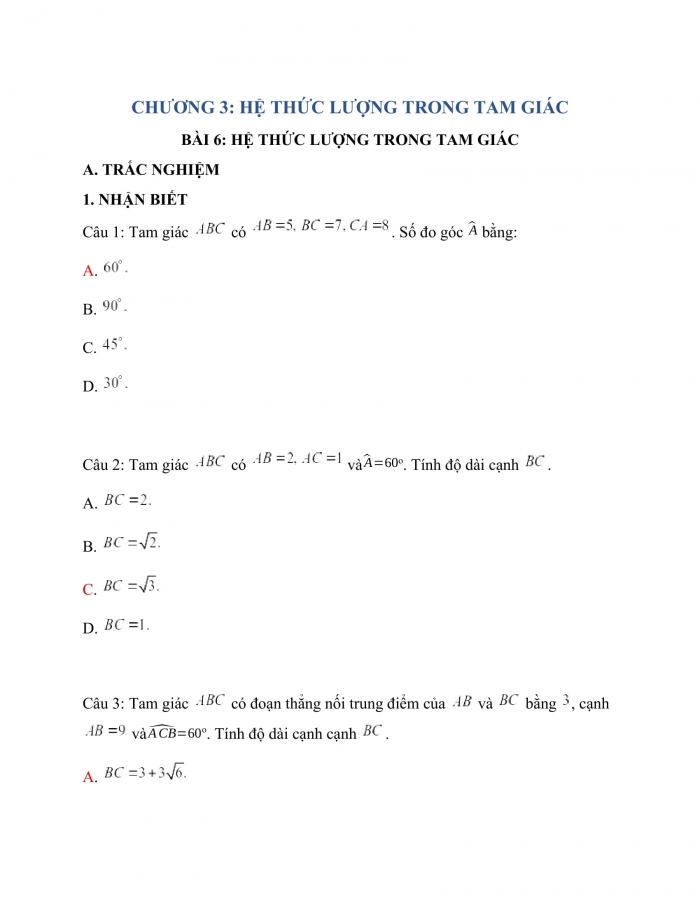 Trắc nghiệm toán 10 kết nối tri thức Bài 6_Hệ thức lượng trong tam giác